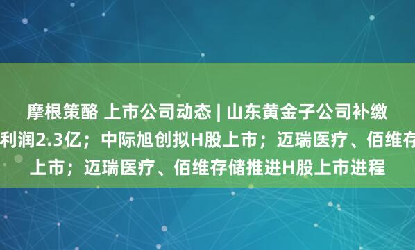 摩根策酪 上市公司动态 | 山东黄金子公司补缴税款预计影响归母净利润2.3亿；中际旭创拟H股上市；迈瑞医疗、佰维存储推进H股上市进程